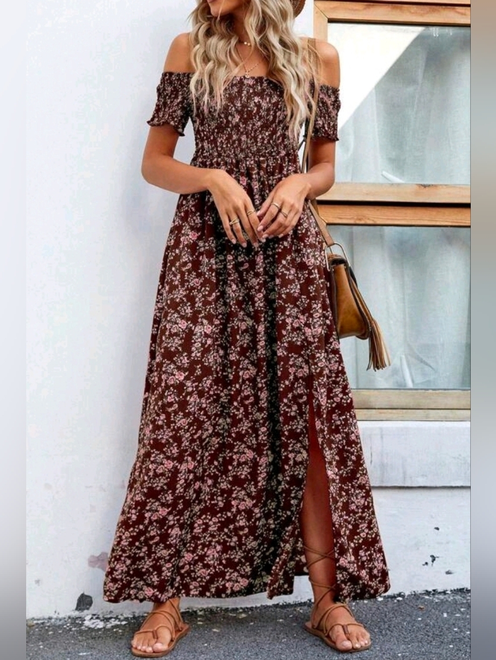 New Boho Smocked Floral Maxi Dress Split Leg Long Off Shoulder Brown